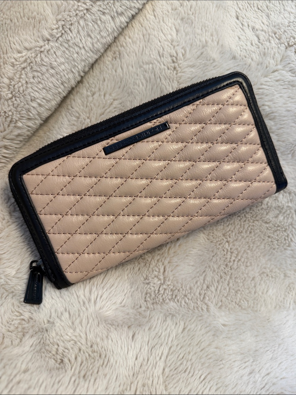 Rebecca Minkoff Quilted Zip Wallet in Blush and Black Trim